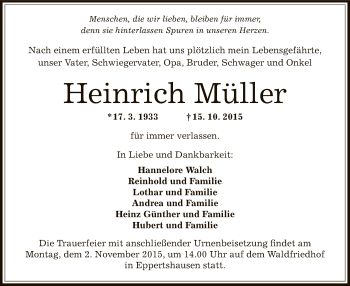 Todesanzeige von Heinrich Müller von Offenbach