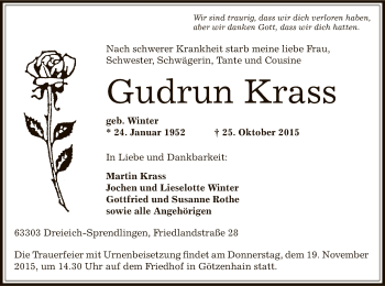 Todesanzeige von Gudrun Krass von Offenbach