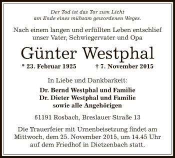 Todesanzeige von Günter Westphal von Offenbach