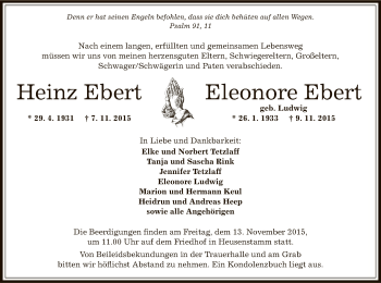 Todesanzeige von Heinz und Eleonore Ebert von Offenbach