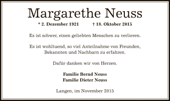 Todesanzeige von Margarethe Neuss von Offenbach