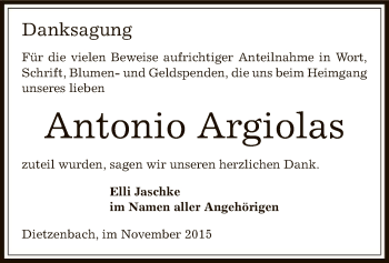 Todesanzeige von Antonio Argiolas von Offenbach