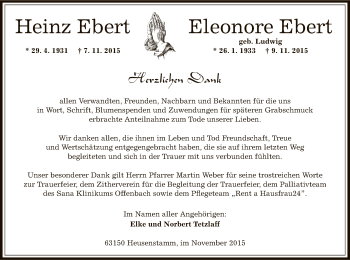 Todesanzeige von Heinz und Eleonore Ebert von Offenbach