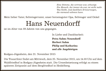 Todesanzeige von Hans Neuendorff von Offenbach