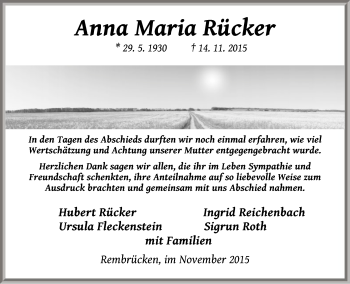 Todesanzeige von Anna Maria Rücker von Offenbach