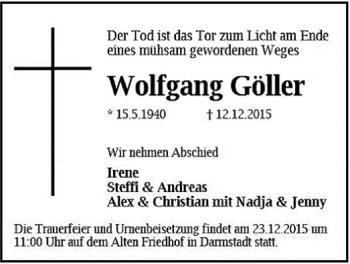 Todesanzeige von Wolfgang Göller von Offenbach