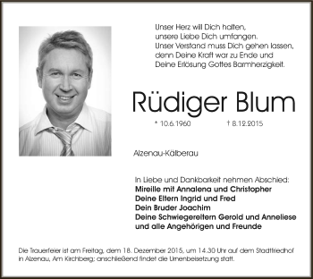 Todesanzeige von Rüdiger Blum von Offenbach