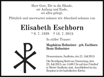 Todesanzeige von Elisabeth Eschborn von Offenbach