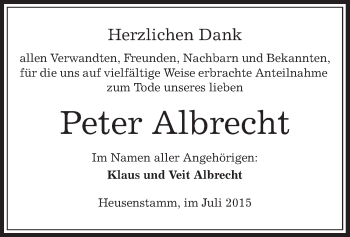 Todesanzeige von Peter Albrecht von Offenbach