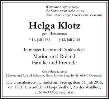 Todesanzeige von Helga Klotz von Offenbach