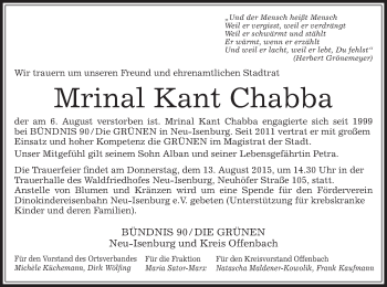 Todesanzeige von Mrinal Kant Chabba von Offenbach