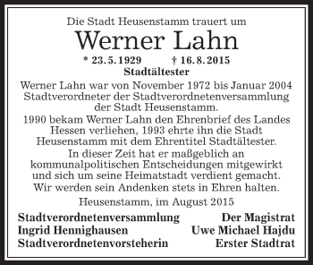 Todesanzeige von Werner Lahn von Offenbach