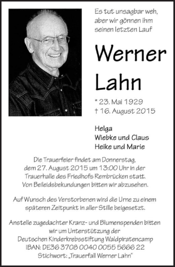Todesanzeige von Werner Lahn von Offenbach