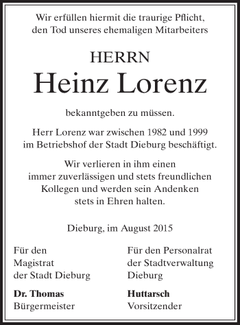 Todesanzeige von Heinz Lorenz von Offenbach