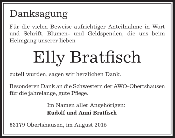 Todesanzeige von Elly Bratfisch von Offenbach