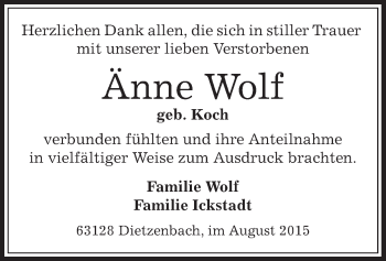 Todesanzeige von Änne Wolf von Offenbach