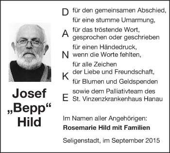 Todesanzeige von Josef Hild von Offenbach