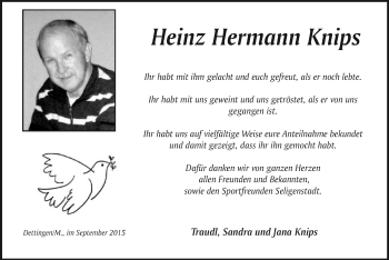 Todesanzeige von Heinz Hermann Knips von Offenbach