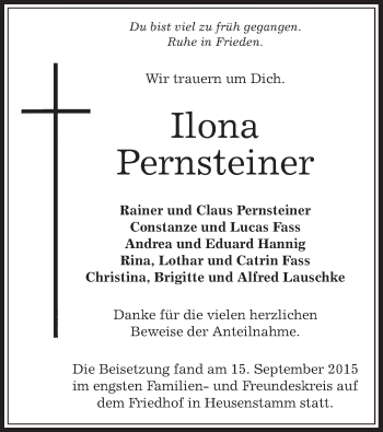 Todesanzeige von Ilona Pernsteiner von Offenbach