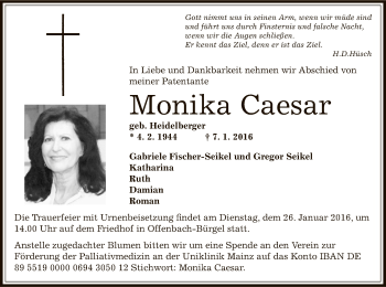 Todesanzeige von Monika Caesar von Offenbach