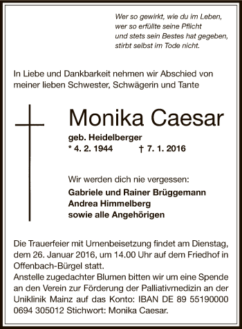 Todesanzeige von Monika Caesar von Offenbach