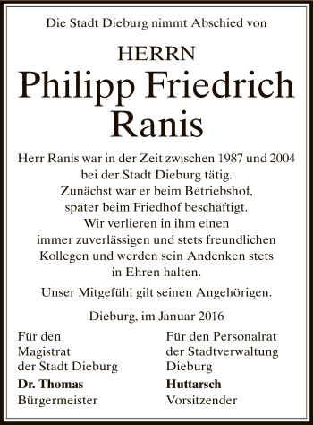 Todesanzeige von Philipp Friedrich Ranis von Offenbach