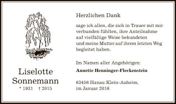 Todesanzeige von Liselote Sonnenmann von Offenbach