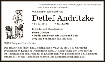 Todesanzeige von Detlef Andritzke von Offenbach
