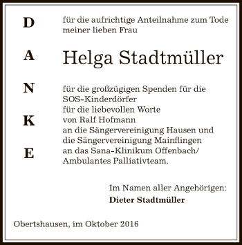 Todesanzeige von Helga Stadtmüller von Offenbach