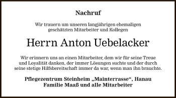 Todesanzeige von Anton Uebelacker von Offenbach