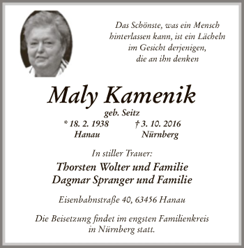 Todesanzeige von Maly Kamenik von Offenbach