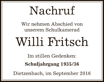 Todesanzeige von Willi Fritsch von Offenbach