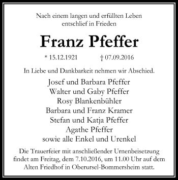 Todesanzeige von Franz Pfeffer von Offenbach