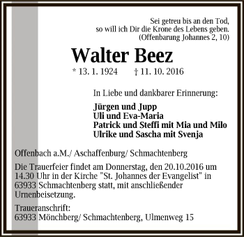 Todesanzeige von Walter Beez von Offenbach