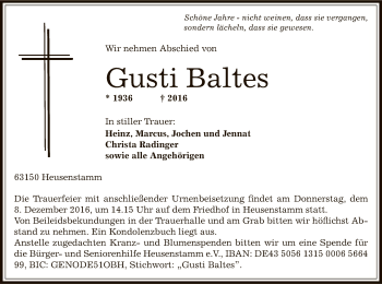 Todesanzeige von Gusti Baltes von Offenbach