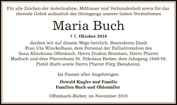 Todesanzeige von Maria Buch von Offenbach
