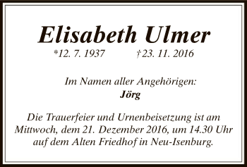 Todesanzeige von Elisabeth Ulmer von Offenbach
