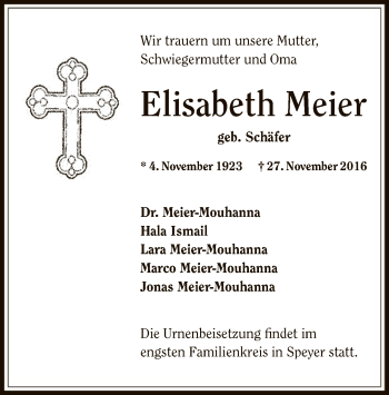Todesanzeige von Elisabeth Meier von Offenbach