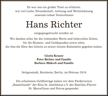 Todesanzeige von Hans Richter von Offenbach