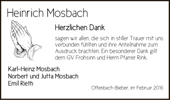 Todesanzeige von Heinrich Mosbach von Offenbach