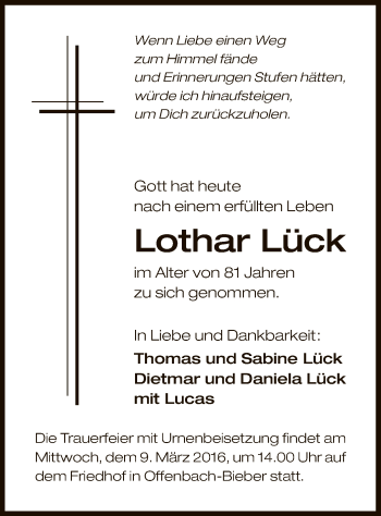 Todesanzeige von Lothar Lück von Offenbach