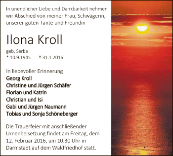 Todesanzeige von Ilona Kroll von Offenbach