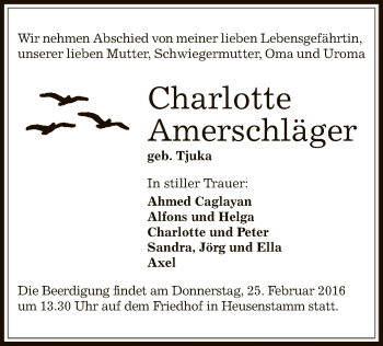Todesanzeige von Charlotte Amerschläger von Offenbach