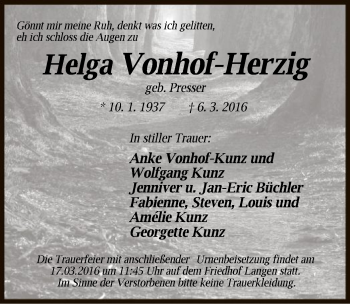 Todesanzeige von Helga Vonhof-Herzig von Offenbach