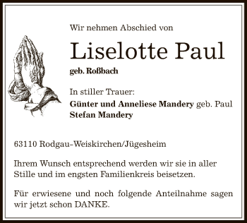 Todesanzeige von Liselotte Paul von Offenbach