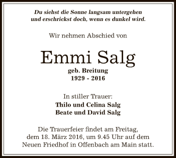 Todesanzeige von Emmi Salg von Offenbach