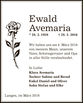 Todesanzeige von Ewald Avemaria von Offenbach