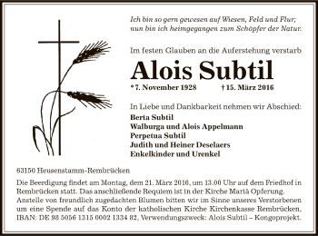 Todesanzeige von Alois Subtil von Offenbach