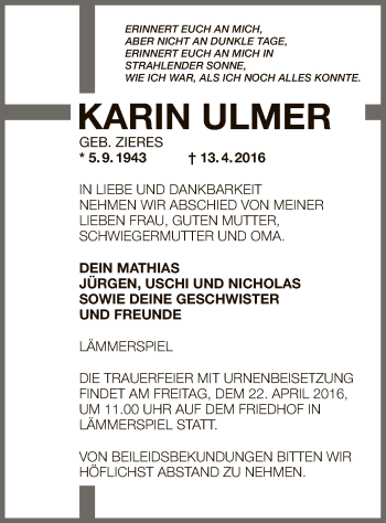 Todesanzeige von Karin Ulmer von Offenbach