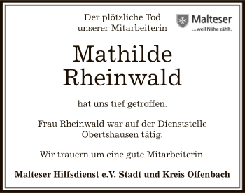 Todesanzeige von Mathilde Rheinwald von Offenbach
